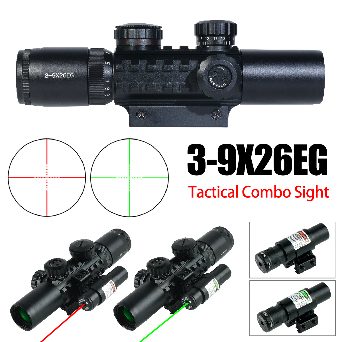 3-9X26EG Riflescope W/Red/Green Laser Combo Scope Adjustable Outdoors Tactical Optics Scope Airsoft Hunting Acsessories