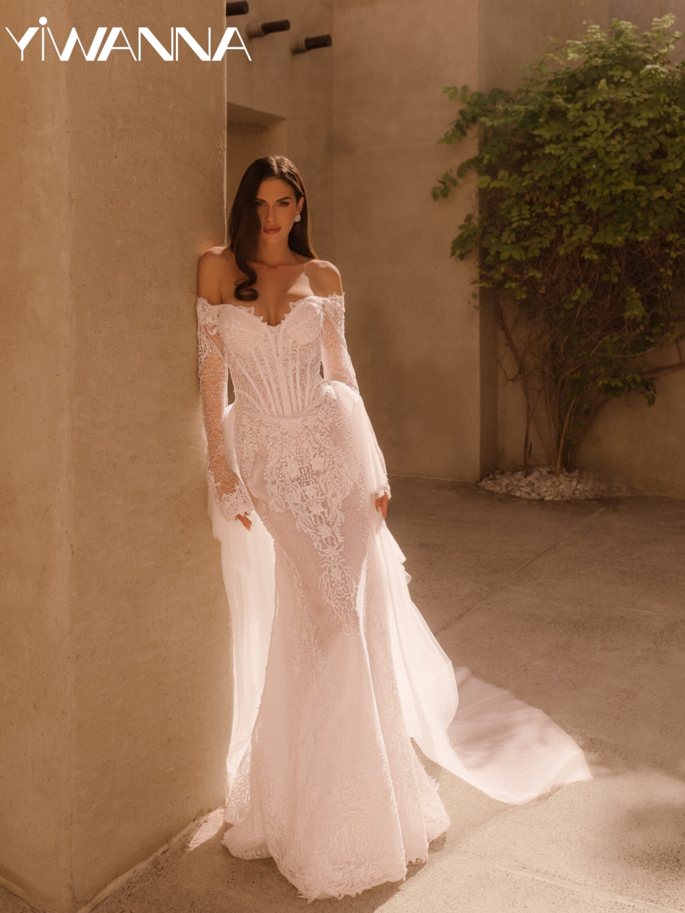 Ivory Illusion Lace Appliques Wedding Dress Detachable Train Mermaid Bridal Gown Customized Off Shoulder Dresses For Bride