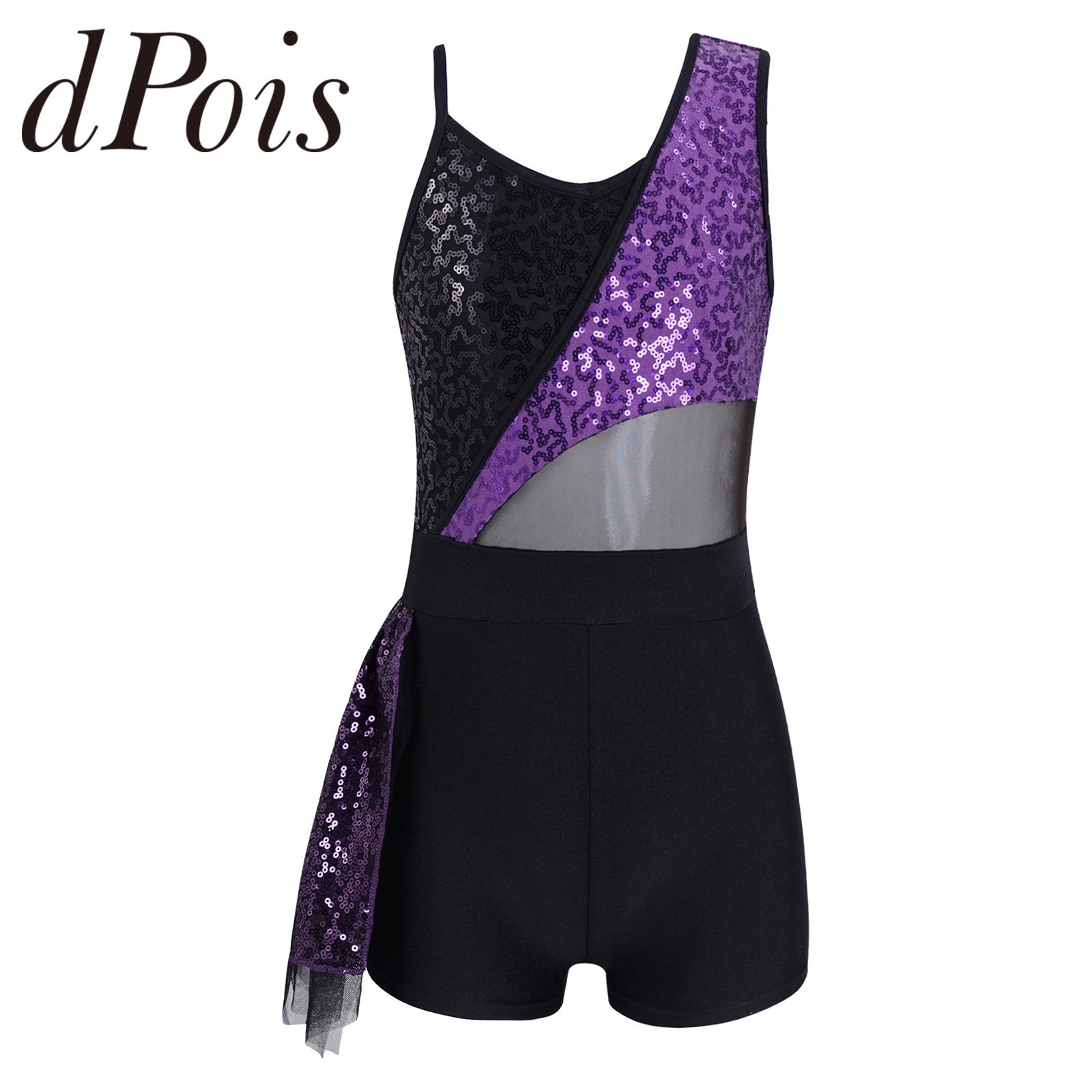 Kids Girls Shiny Sequins Shorty Unitard Sleeveless Ballet Dance Leotard Modern Jazz Latin Stage Performance Dance Costume
