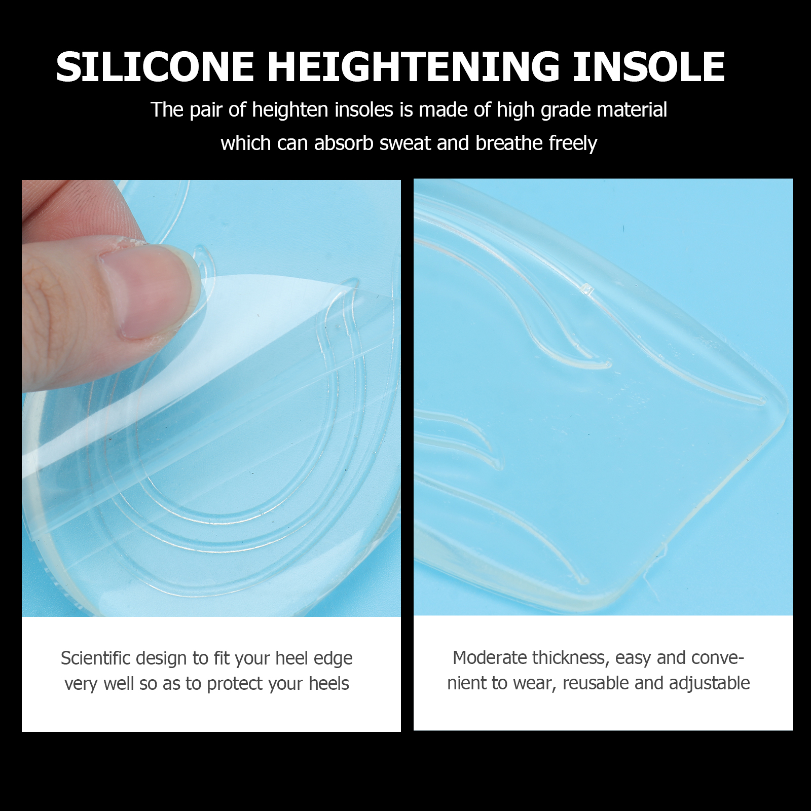 2 Pairs Heightening Insoles Men Shoes Silica Gel Heel Cushion Adjustable Reusable Breathable Shock Relief Pressure Reducing