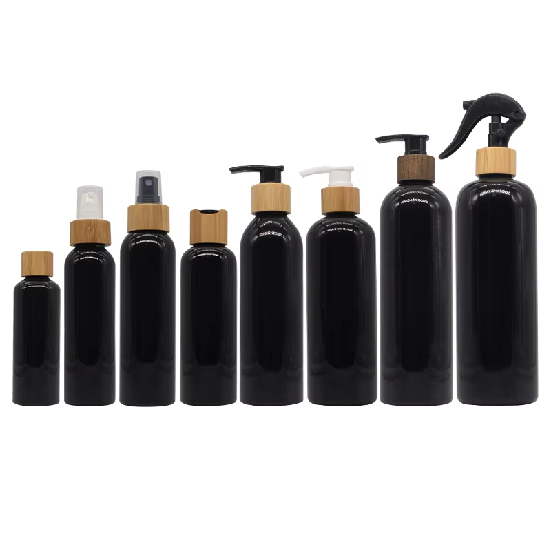Engraving logo Plastic Bamboo Spray Bottle Refillable Atomiser Essential Oils Travel Empty Black Body Lotion Pump Bottle Liquid