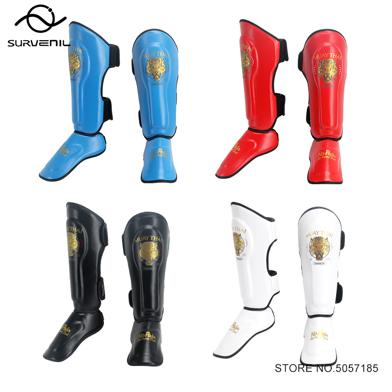 Kickboxing Leg Guard PU Leather Muay Thai Ankle Protector Sparring MMA Boxing Shin Guard Thicken Fighting Ankle Protective Gear