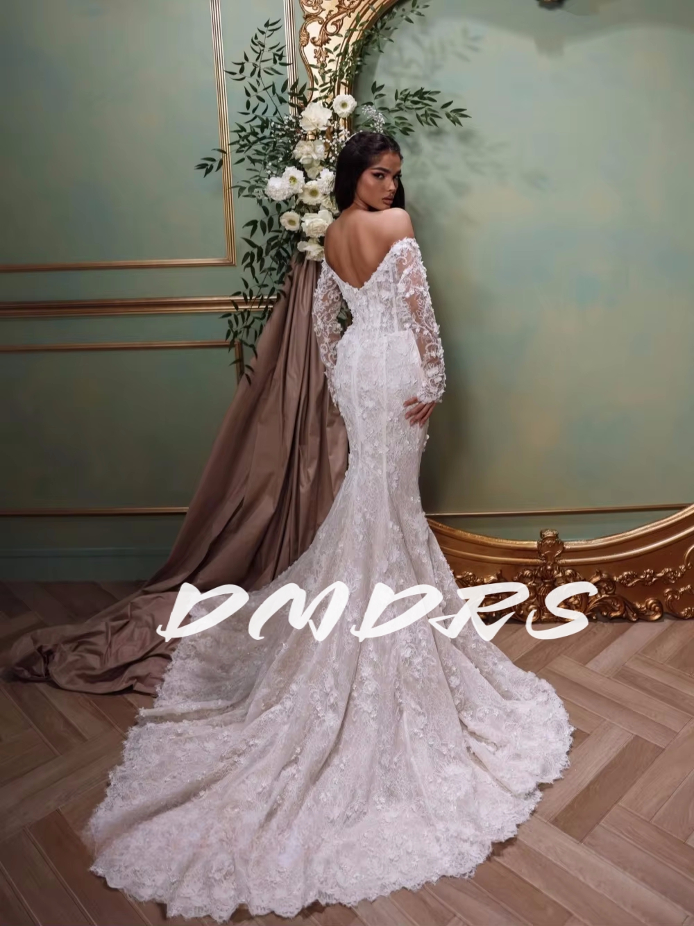 Vintage Floral Appliques No Veil Wedding Dress Women Charming Lace Mermaid Bride Wear Customized Romantic Off the Shoulder Gown