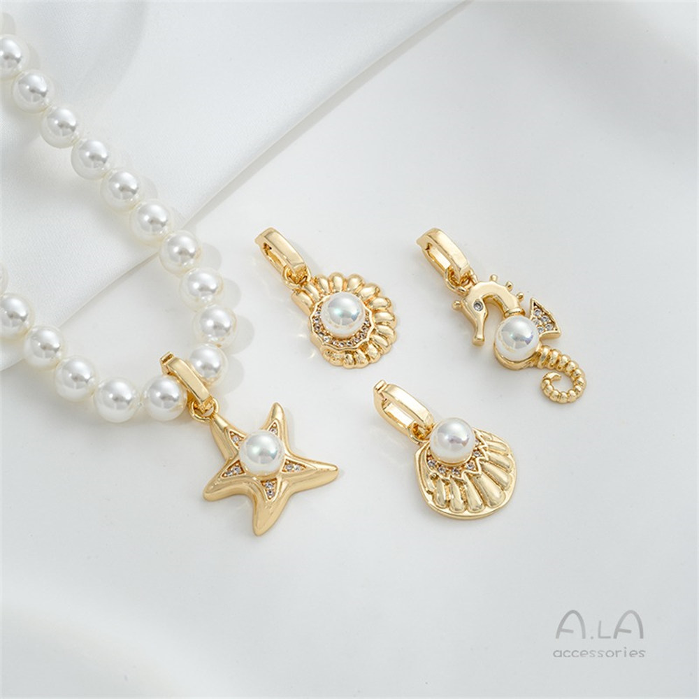 14K Bag Gold Marine Life Series Conch Shell Universal Buckle Bead Pendant Diy Sticky Pearl Necklace Accessories
