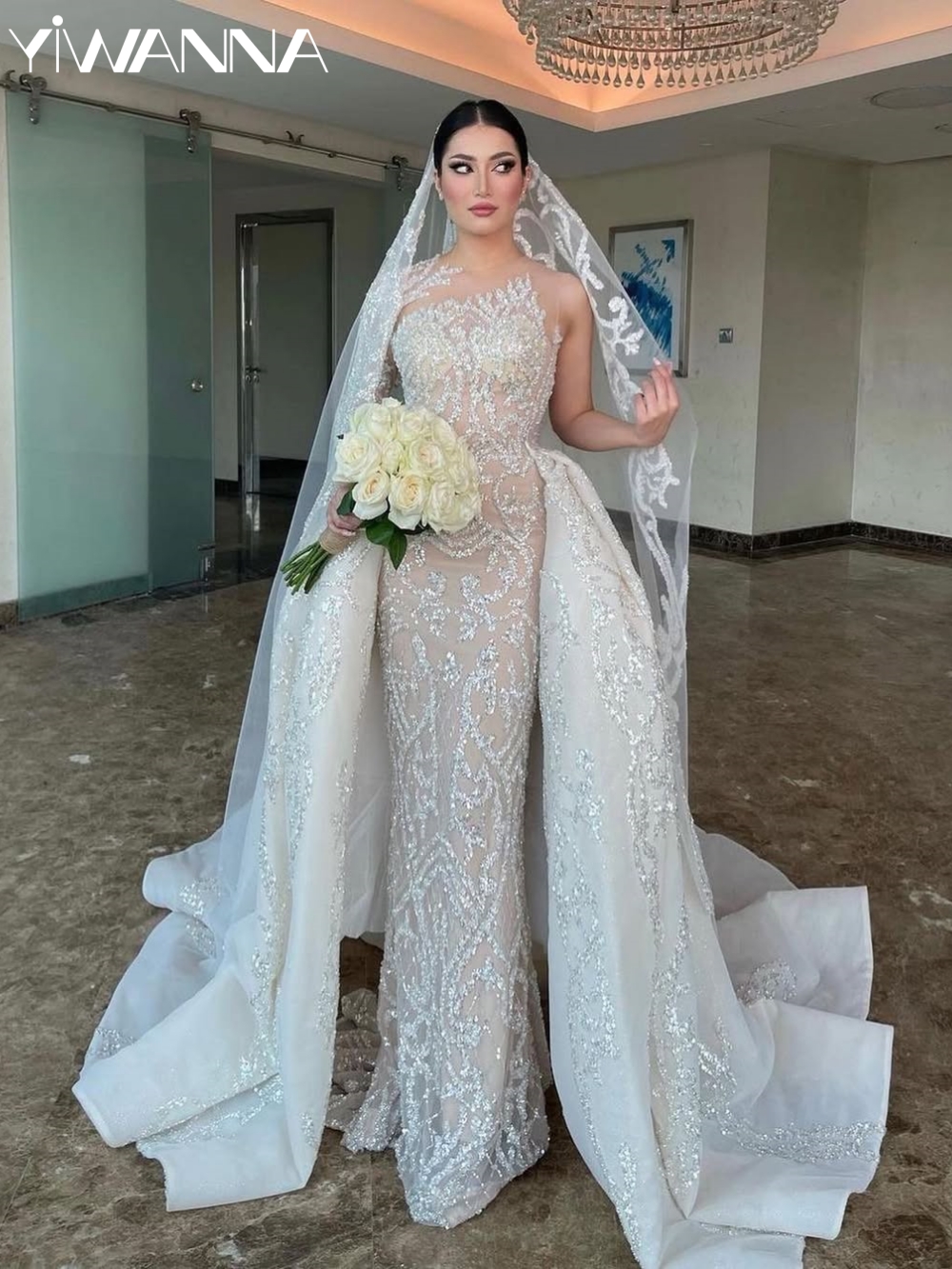 Glitter Sequined Wedding Dress With Detachable Train O-neck Sleeveless Bridal Gown Customized Exquisite Long Dresses For Bride