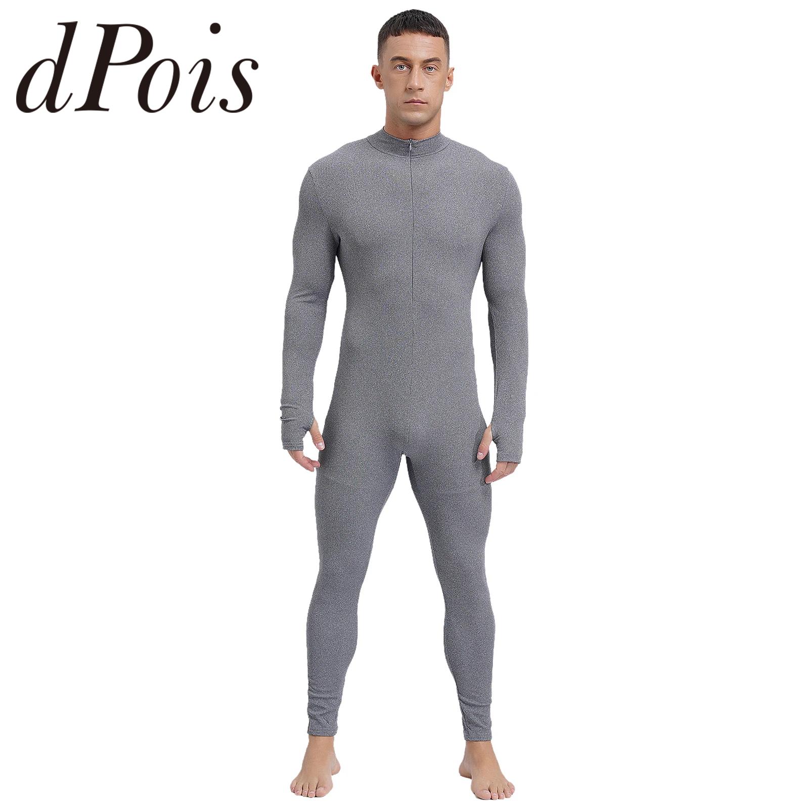 Mens Athletic Gymnastics Jumpsuit Long Sleeve Long Pants Front Zipper Rompers Solid Color Unitard for Workout Yoga Bodysuit