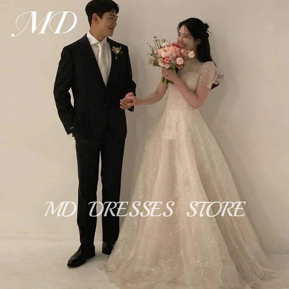 MD 2025 Princess Lvory A-line Wedding Dress Glitter High Neck Korea PhotoShoot Floor-Length Formal Bride Gown Customised 웨딩드레스