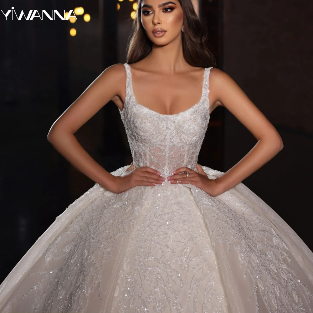 Graceful Spaghetti Straps Bridal Dress Shiny Sequins Beads Wedding Gown Luxury Strapless Ball Gown Bride Robe Vestido De Novia