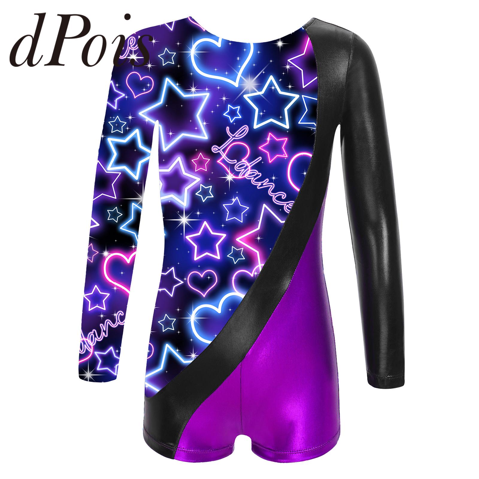 Kids Girls Patchwork Print Gymnastics Leotard Teens Long Sleeve Ballet Dance Jumpsuit Unitard Children Figure Skating Bodysuit