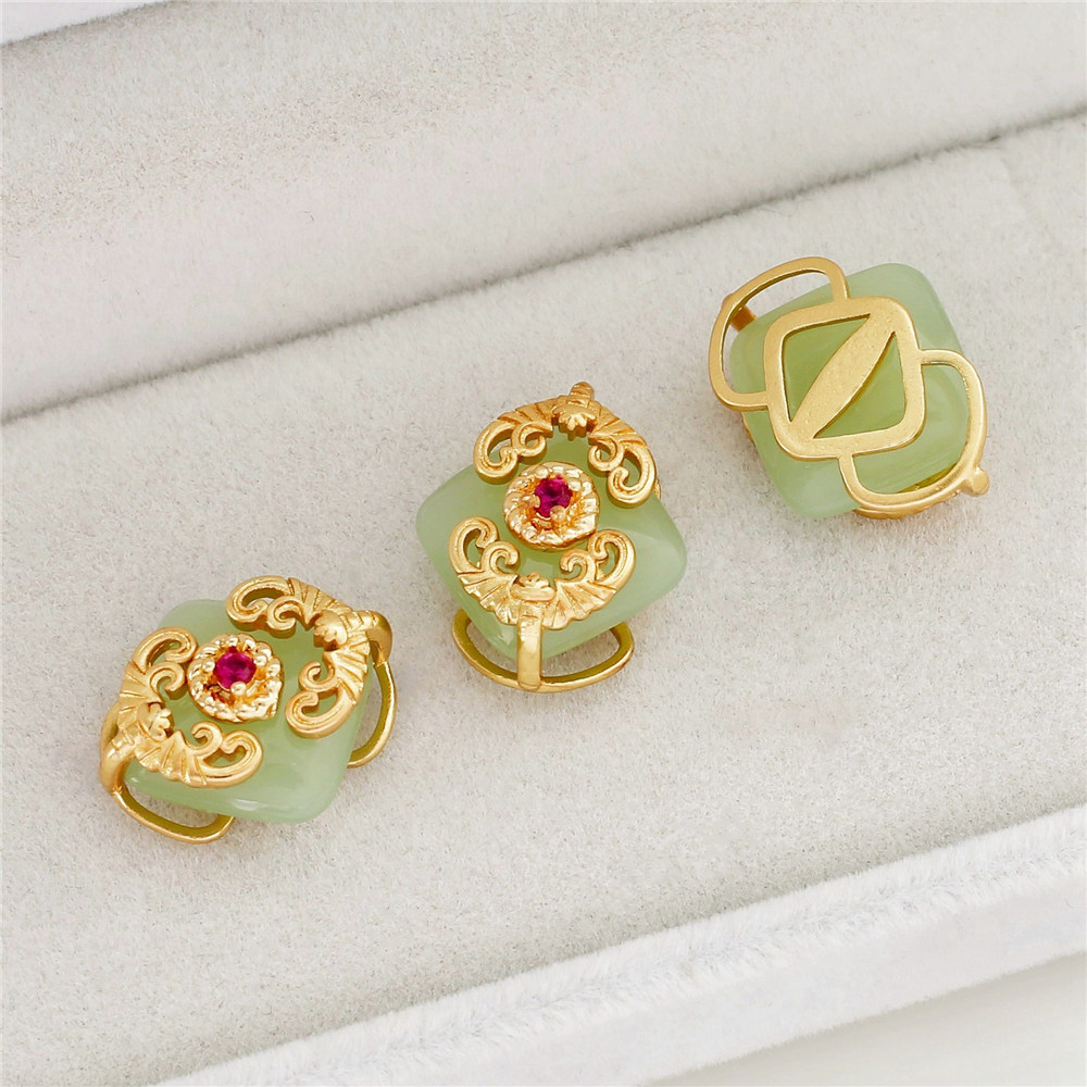 18K Matte Gold Rose Red Zircon Gold Inlaid with Jade Stone Binaural Connection Pendant DIY Link Bracelet Jewelry Accessories