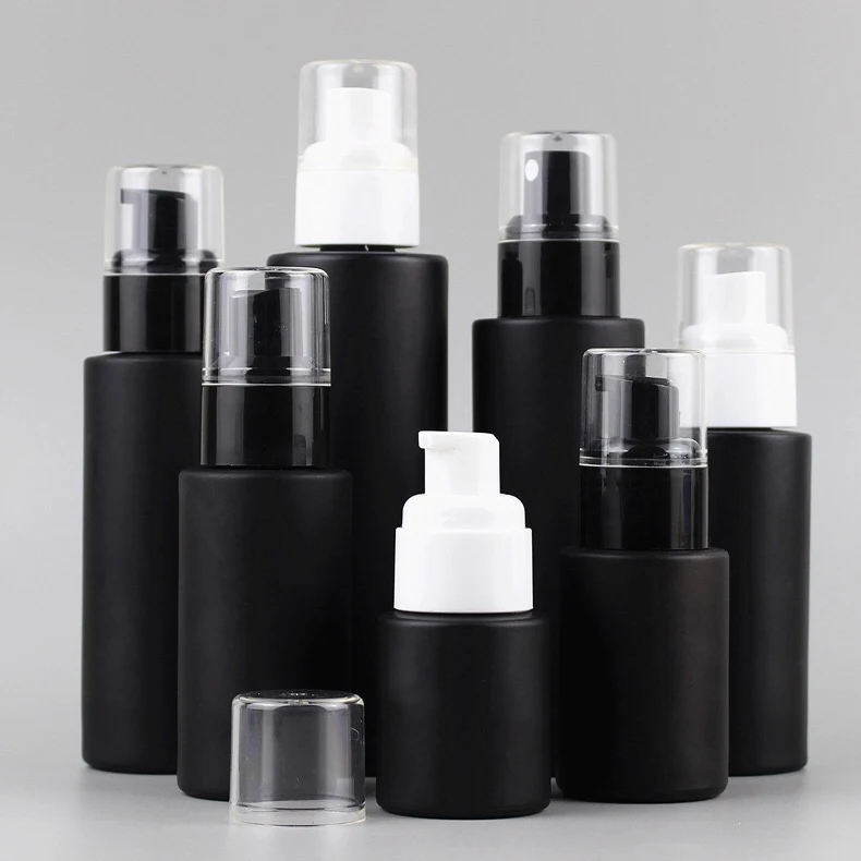 Round Flat Essential Oil Bottles with Plastic Caps Matte Black Frosted Lotion Frosted Glass Perfume Spray Bottle Lotion Bottle