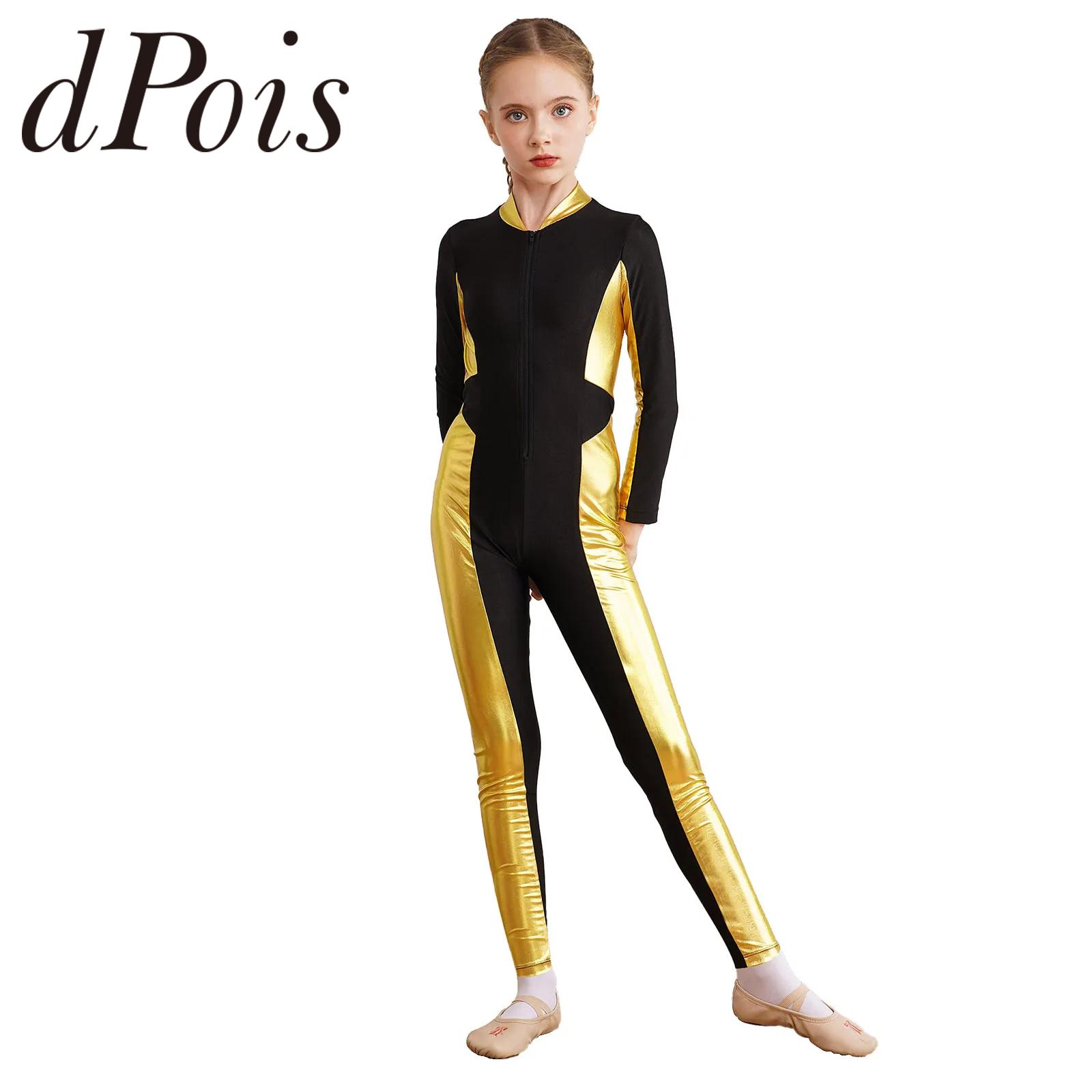 Dancewear Kids Girls Metallic Patchwork Gymnastics Jumpsuit Zipper Long Sleeve Unitard for Figure Skating Acrobatics Bodysuit