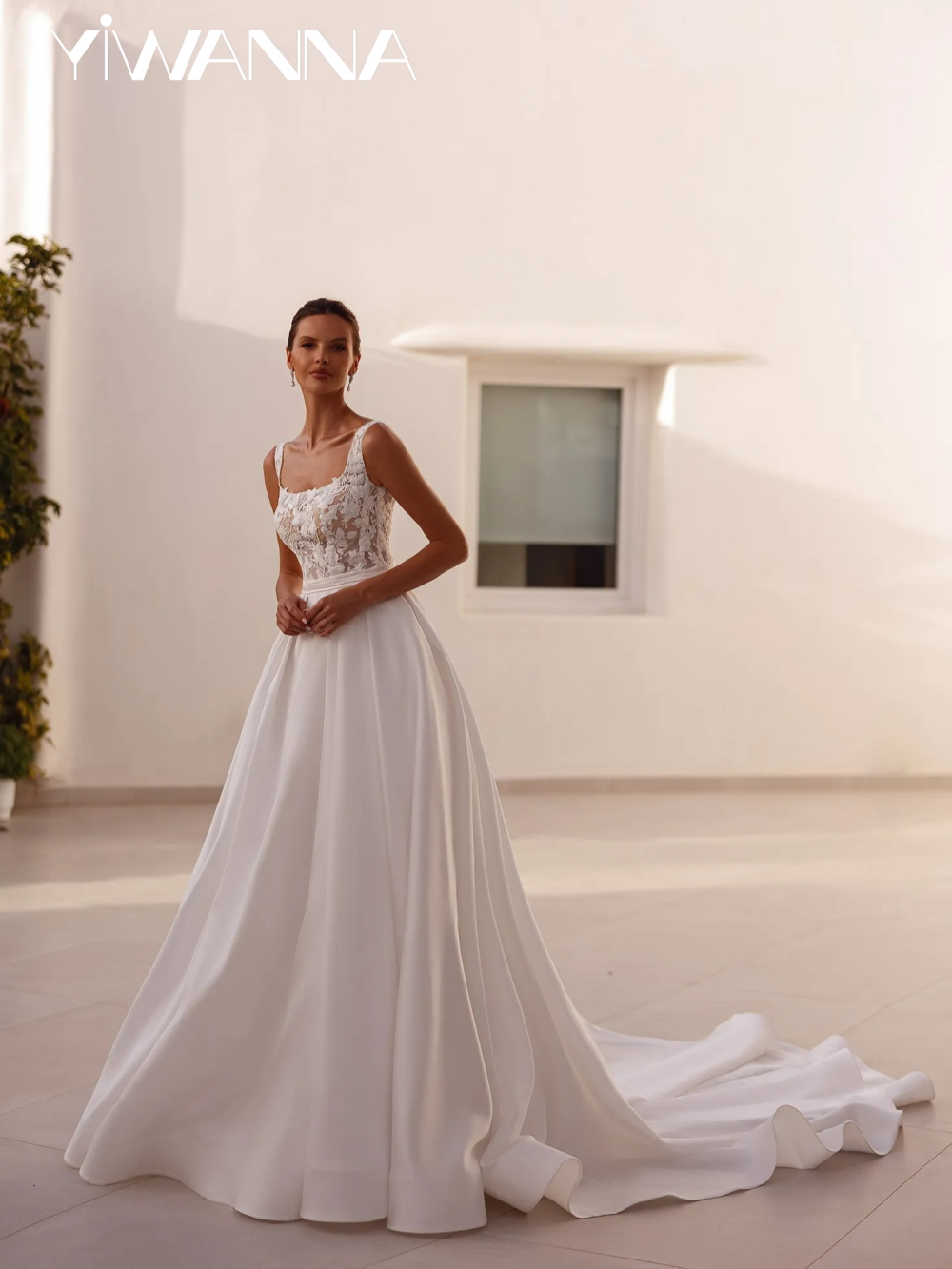 Elegant Satin Lace Appliques Wedding Dress Square Neck Tank Sleeve Bridal Gown 2026 Customized A-line Long Dresses For Bride