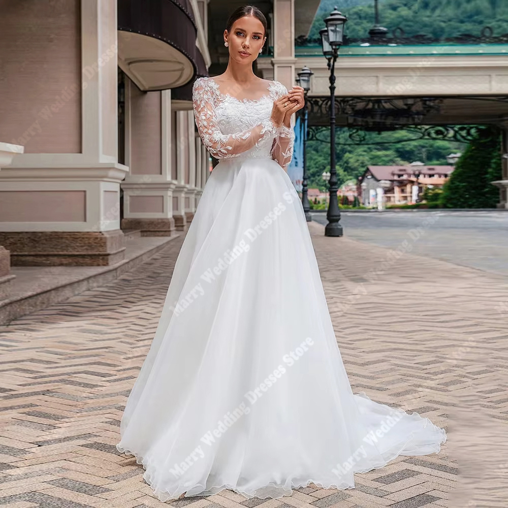 Fascinating A-Line Long Lace Sleeves Women Wedding Dresses Sexy Tulle Bridal Gowns Plus Size Ball Princess Vestido De Novia 2025