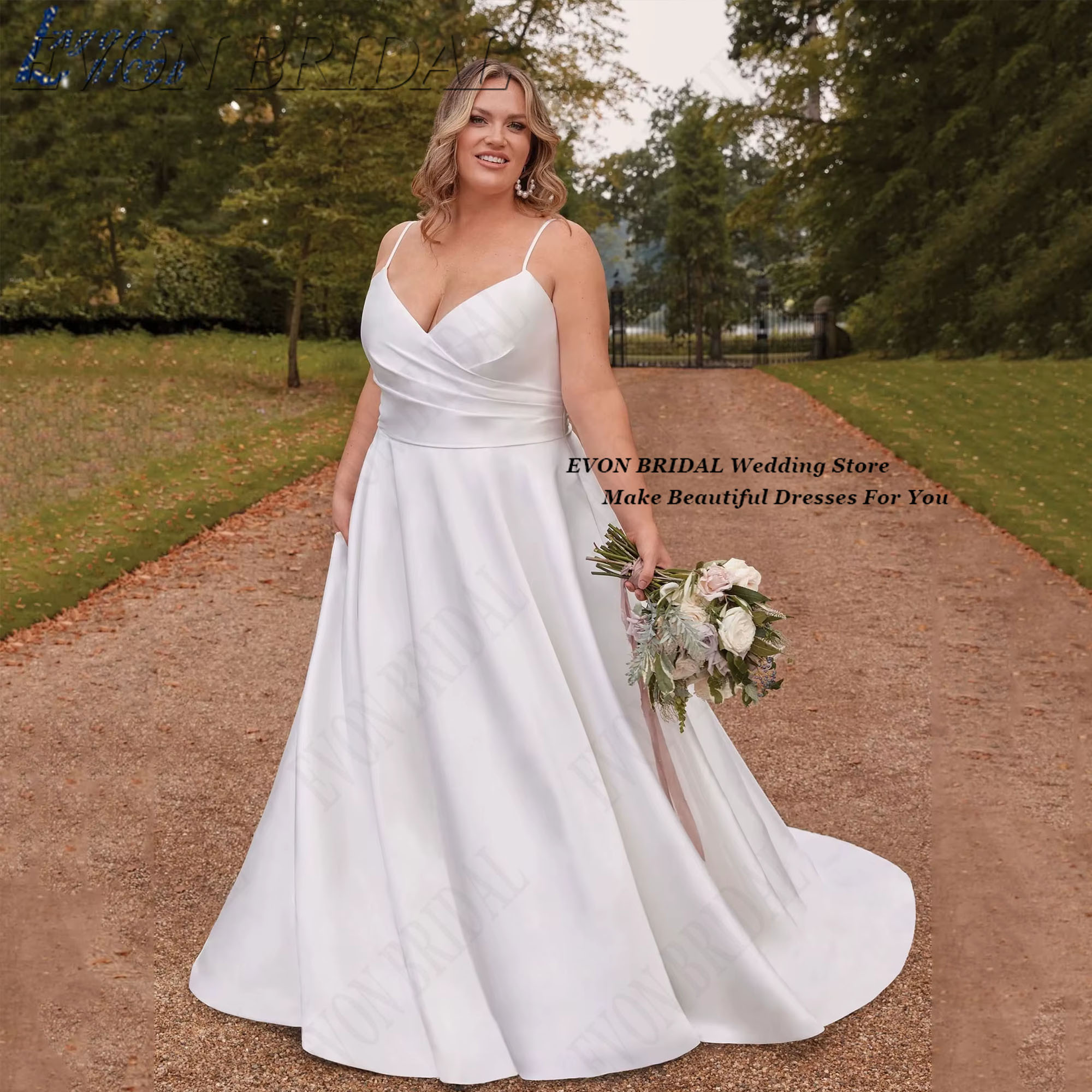 EVON BRIDAL Satin Plus Size Bridal Party Gown Spaghetti Straps Bride Dress Classic Sexy Sweep Train Wedding Gown Customized