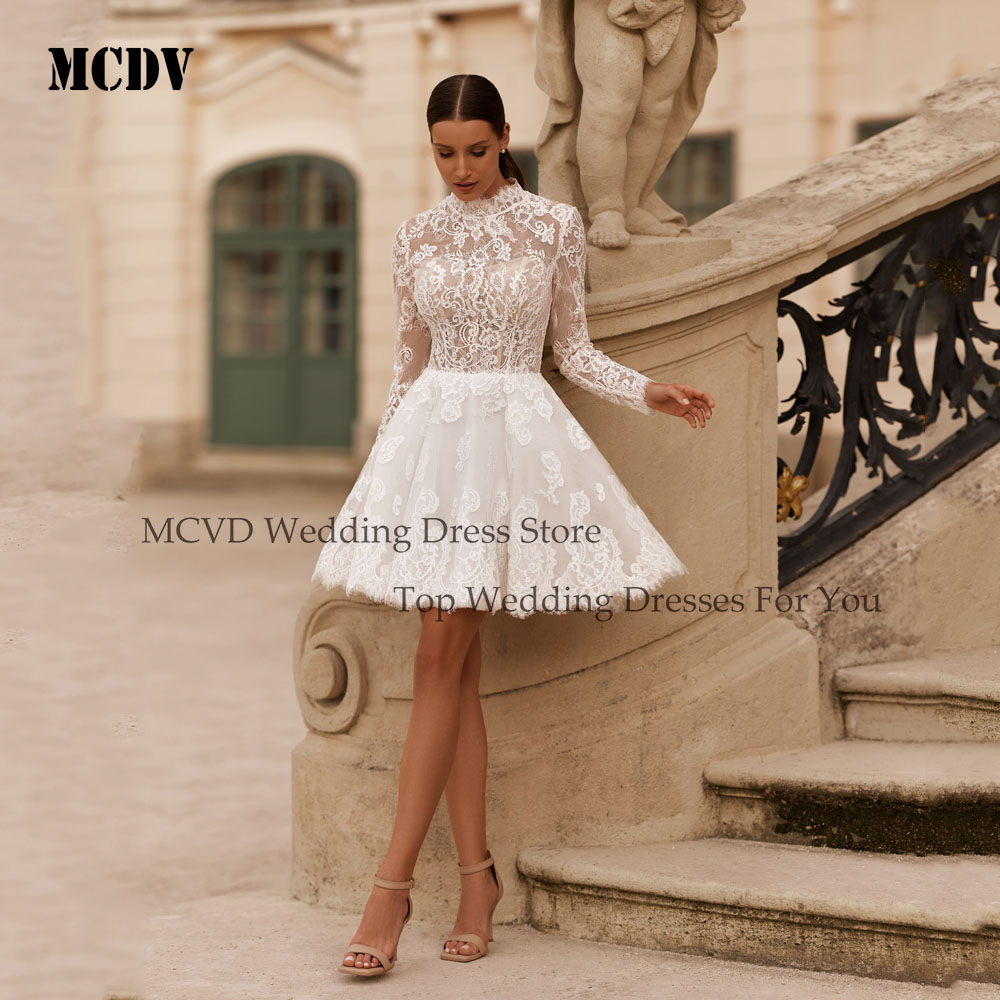 MCDV Mini Lace Weding Dresse Women Long Sleeve O-Neck A line Above Knee Applique Bride Gowns vestidos de novia 2025 Customized