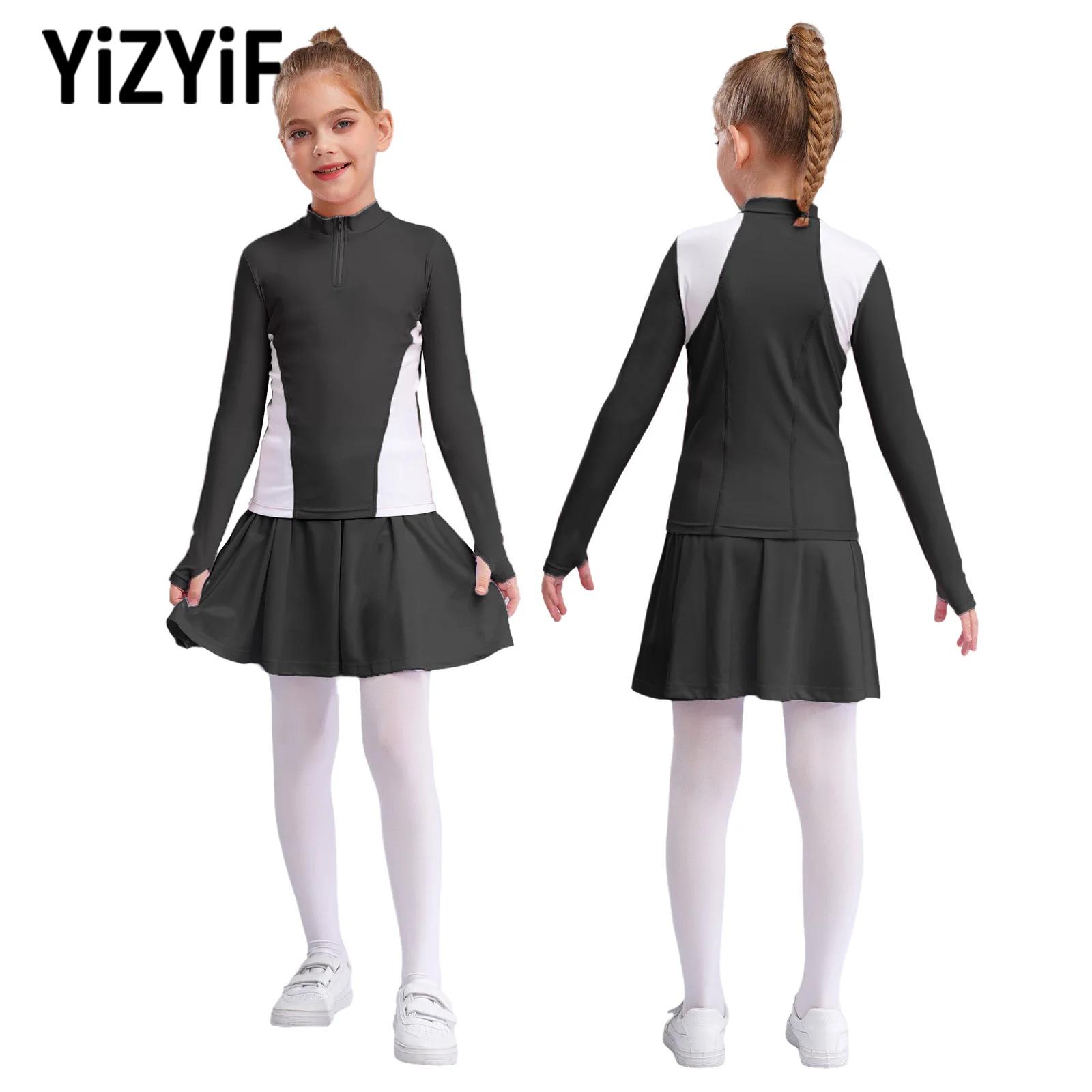 Youthful Girl Fashion Sports Outfit 1/4 Zipper Breathable Long Sleeves T-shirt with Skirt for Golf Workout Exercise Yoga Running