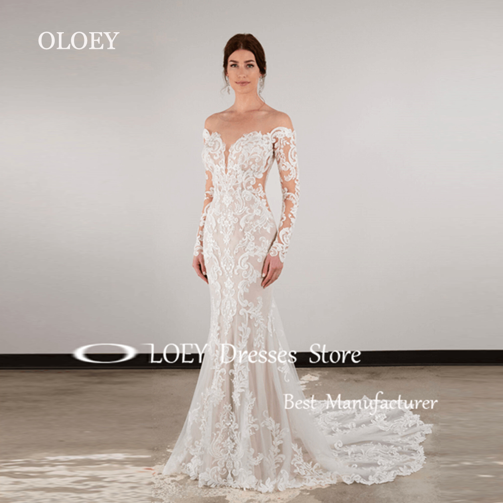 OLOEY Luxury Ivory Mermaid Wedding Dress Off Shoulder Lace Backless Bridal Gown Floor Length Full Sleeves Sweep Train Customized