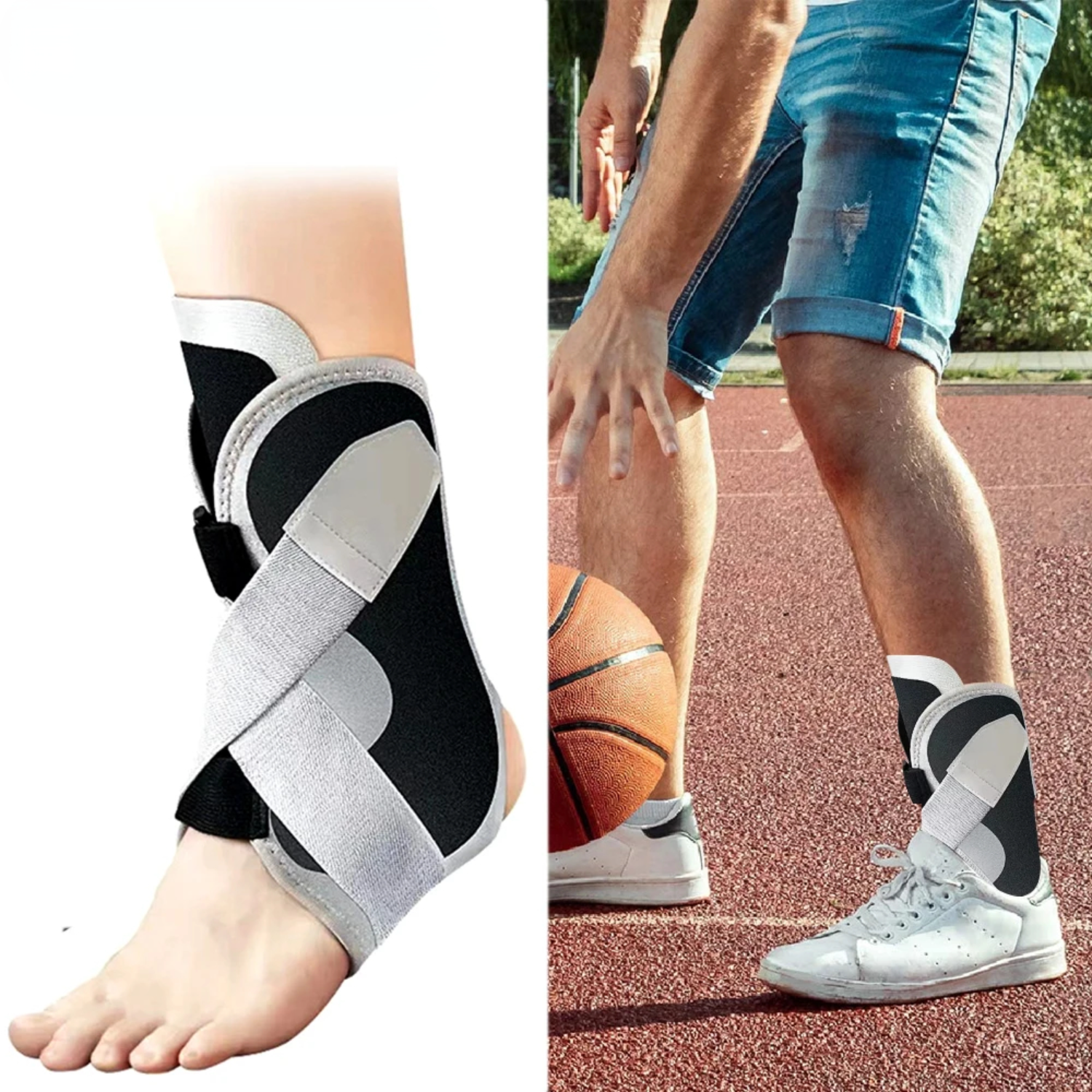 [   "Adjustable Sports Safety Ankle Support Protector Bandage Straps for Ankle Fracture Sprain",   "Ankle Strain Ligament Sprain