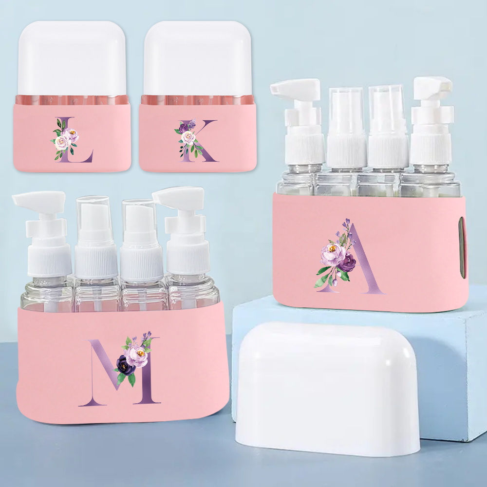 Travel Lightweight 4 In 1 Empty Bottle Set Easy To Pack Cosmetic Lotion Container Purple Flower Initial Name 26 Letters Pattern