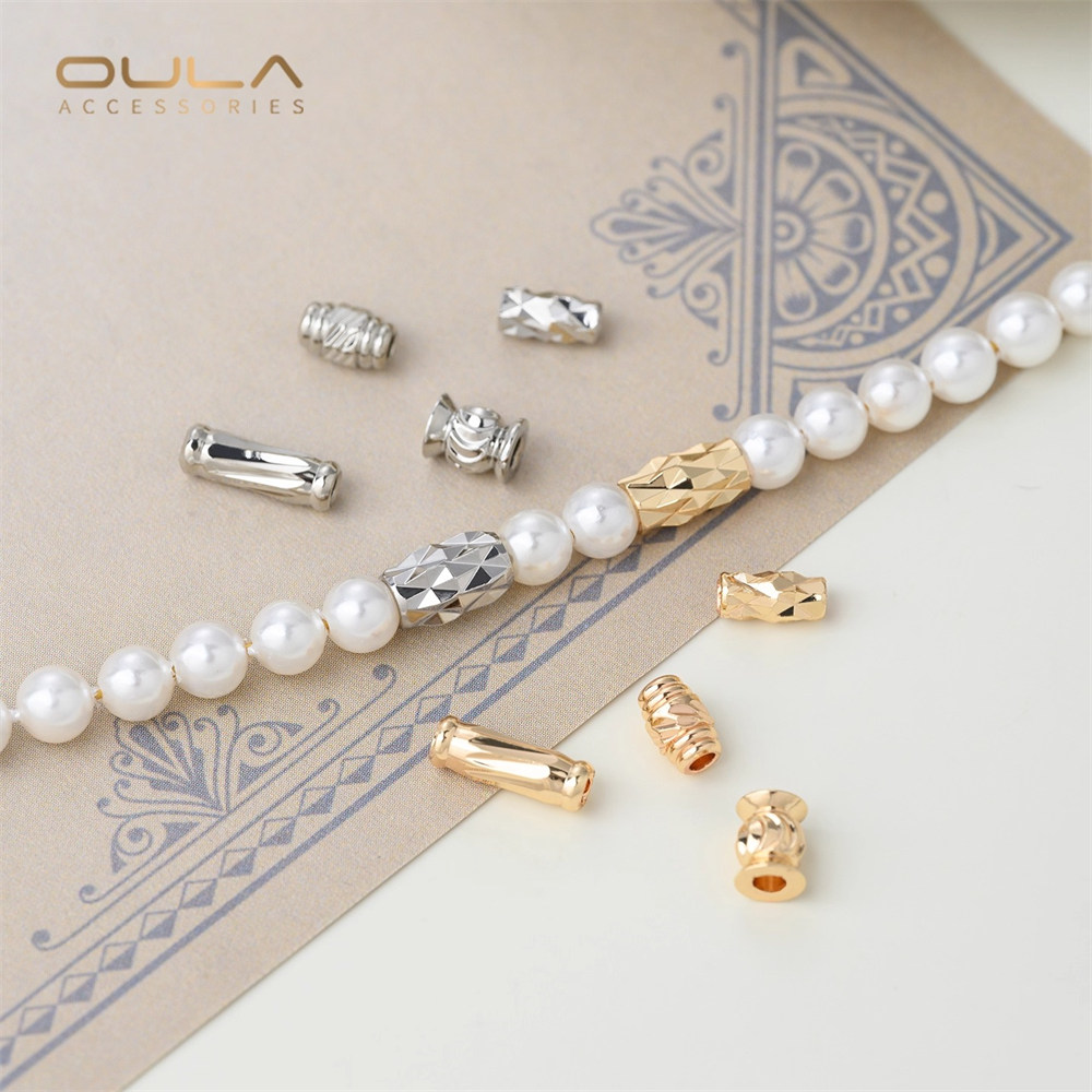 10PCS 14K Gold-plated Threaded Straight Tube Beads, Small Waist Bucket Beads, Diy Handcrafted Hand Necklace Accessory Materials