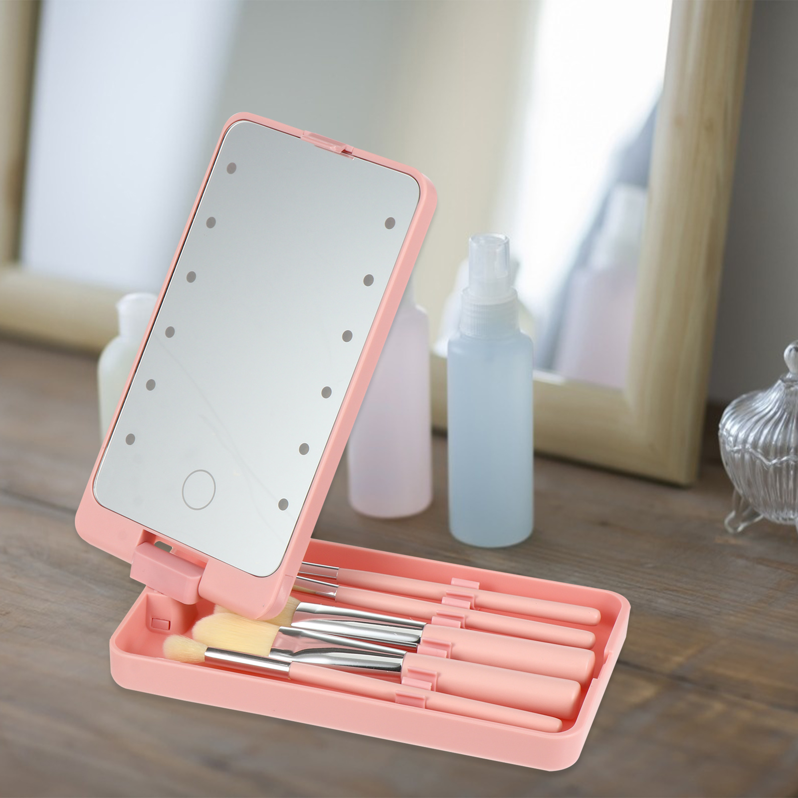 Creative Portable LED Mirror With Brush Storage High Definition Makeup Travel Accessory