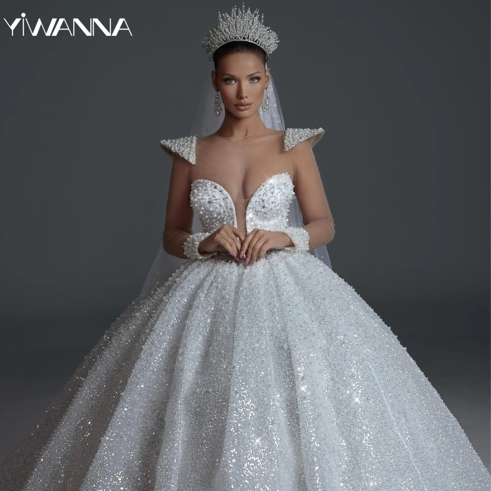 Shiny Sequined Pearls Wedding Dress Sexy Illusion V-neck Backless Bridal Gown Customized Ball Gowns Long Dresses For Bride