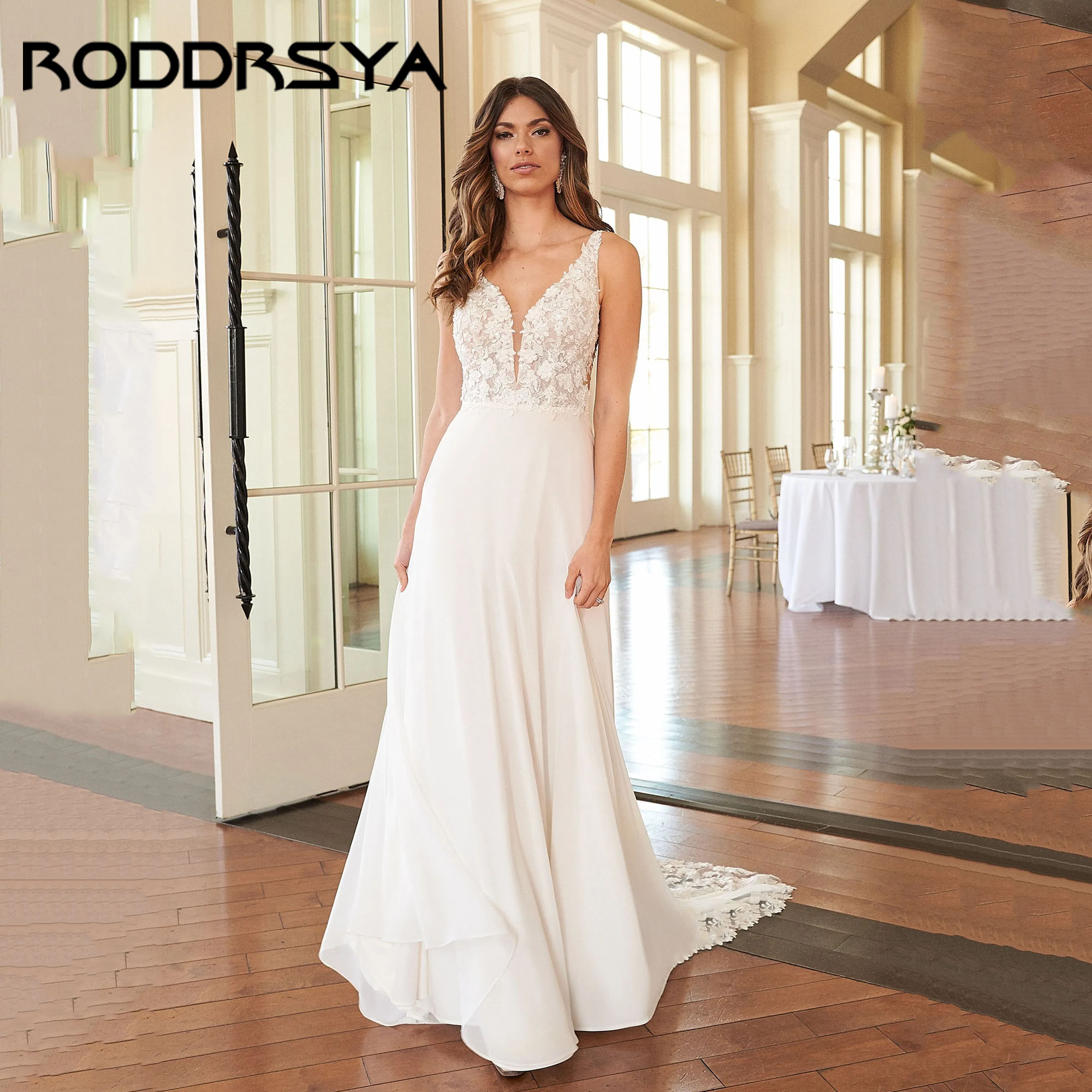 RODDRSYA Romance Chiffon Wedding Dress V-Neck A-Line Sleeveless Appliques Bridal Gown Lace Backless vestidos de novia Customized