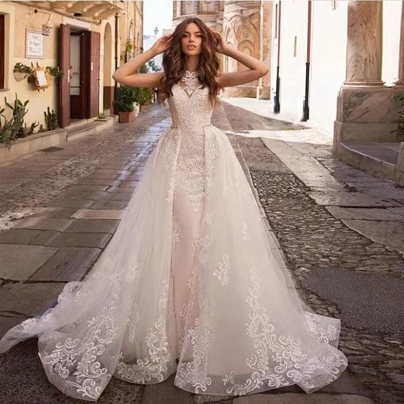 Msikoods Luxury Wedding Dresses Women Lace Appliques Brides Dress With Detachable Train Sleeves Button Mermaid Bridal Gown