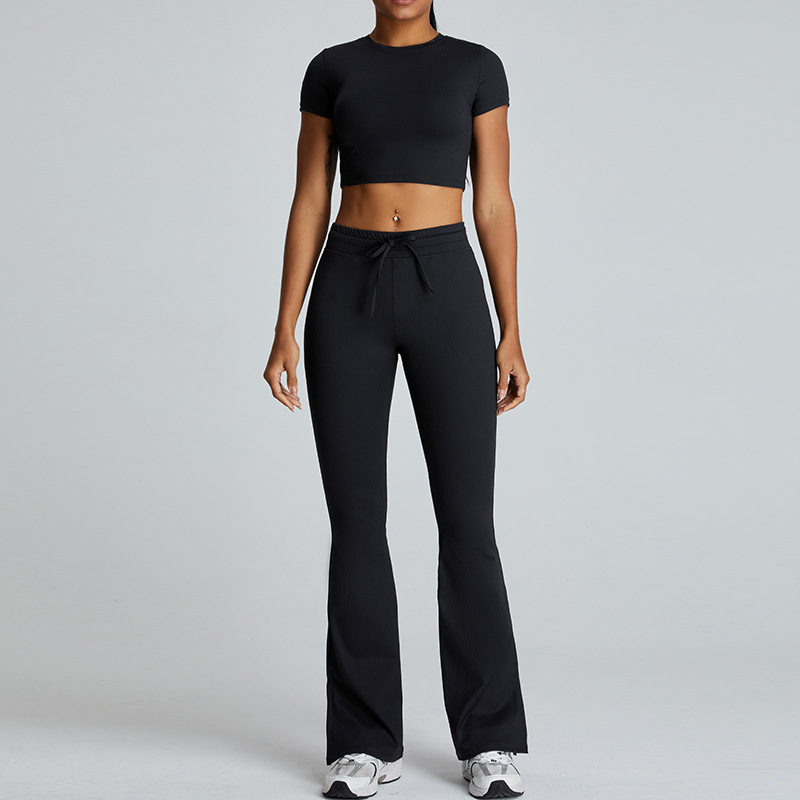 YJ-Threaded Tight Short Sleeve Nude Feel Yoga Suit Women's Quick-Drying Bell-Bottom Pants Workout Clothes Running Sports Suit