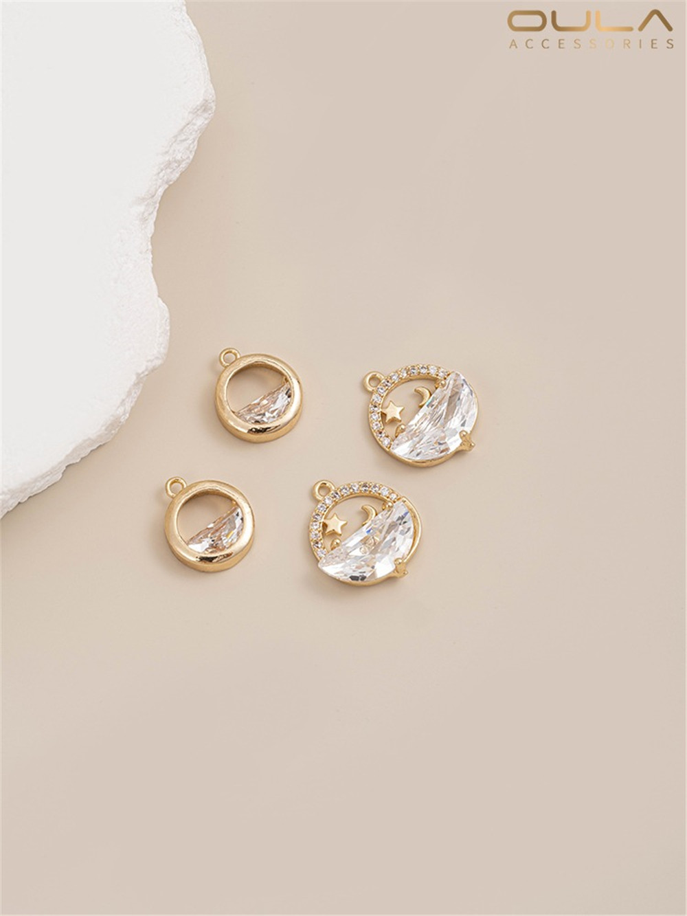 14K Gold-Color Plated Zircon Still Water Moon Round Pendant Handmade Diy First Jewelry Pendant Necklace Earrings