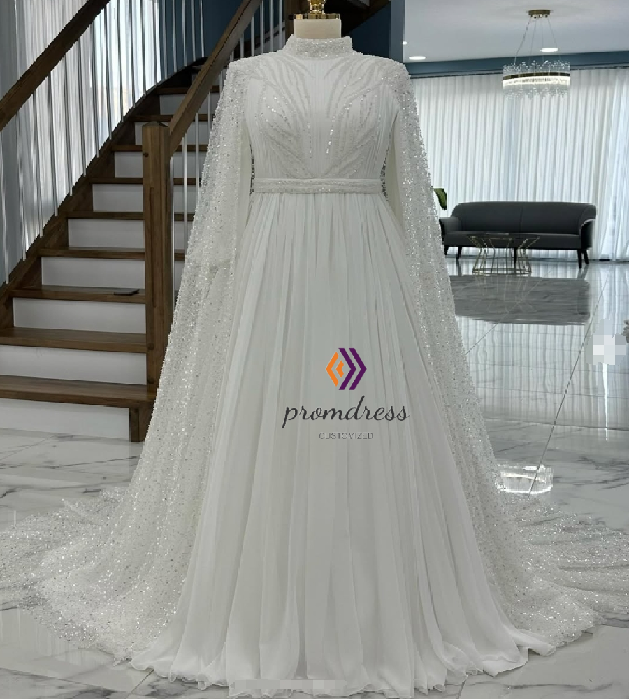 Glitter Sequin Muslim Wedding Dress With Clock Elegant Long Sleeve Turkish Arabian Bride Dress Plus Size Grecian Bridal Gowns