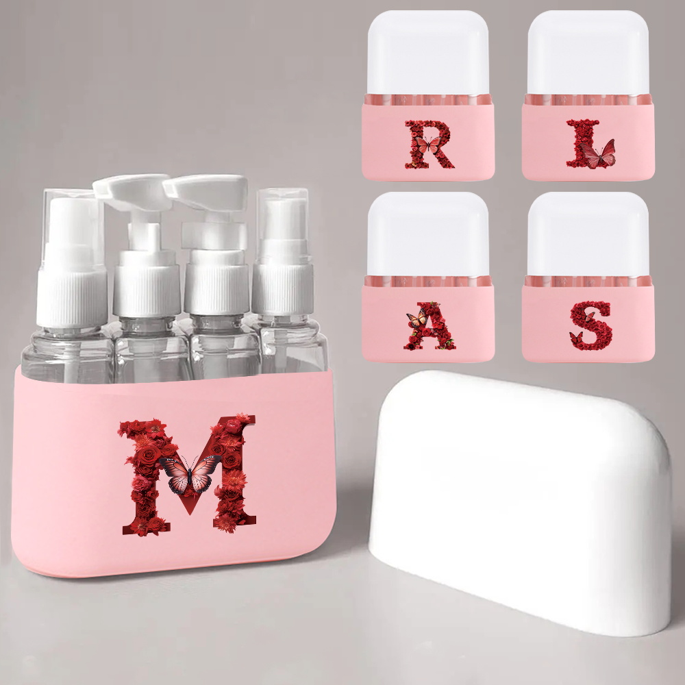 4pcs Lightweight Portable Liquid Dispenser Set Suitable For Travel Toiletries Red Rose Decor Initial Name 26 Letters Pattern