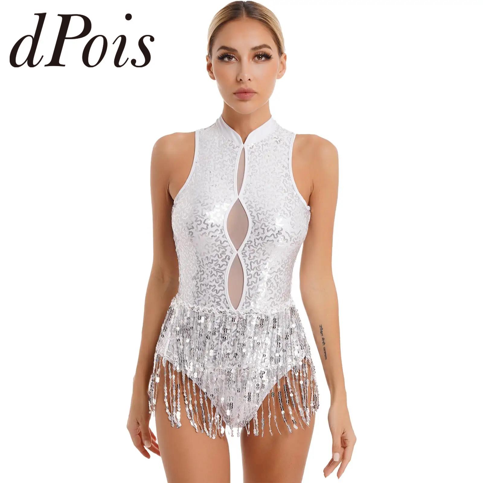 Women Glitter Sequins Tassel Gymnastics Leotard Sleeveless Fringed Latin Dance Bodysuit Performance Costume Ice Skating Jumpsuit