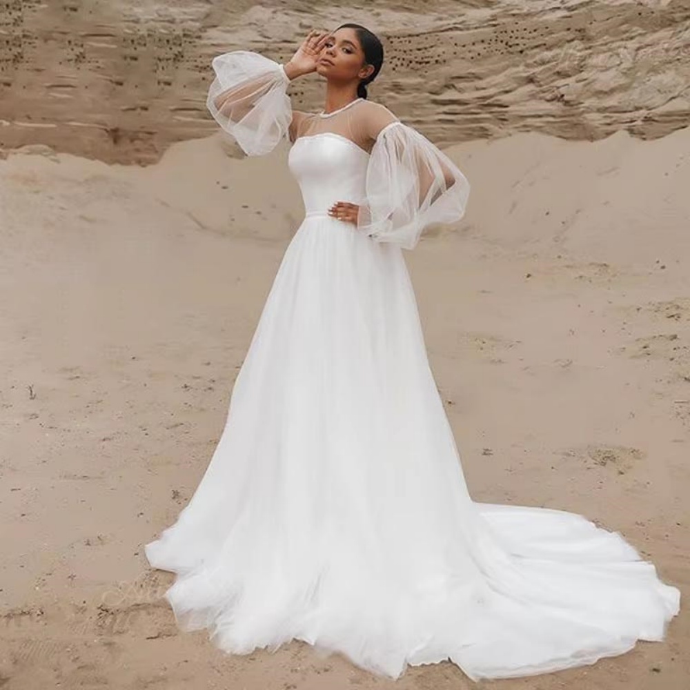 Customized Beach Bridal Gowns A-line Wedding Dresses Long Sleeve O-neck Pleated Boho Beading Bridal Gowns 2025 vestidos de novia