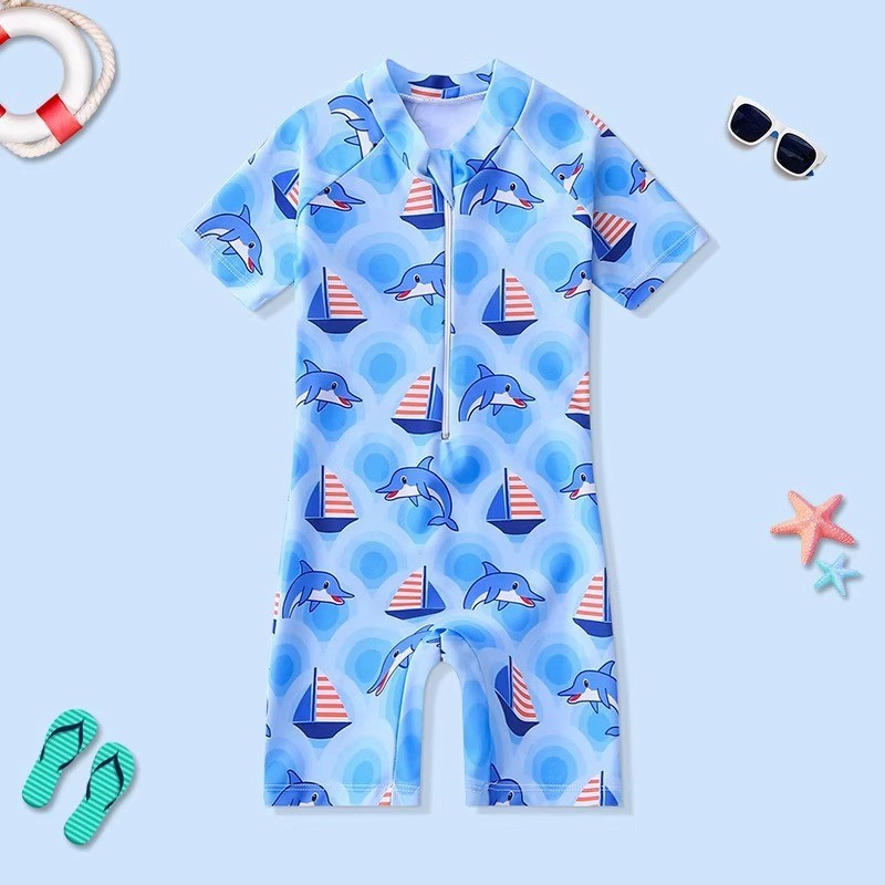 SwimmyCubs  Girls Swimming Costume Cartoon Short-sleeved Children's Swimming One-piece Baby Boy Swimsuit Suit with Swim Cap