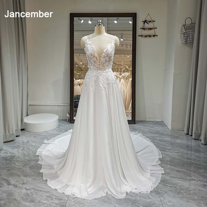 Customized Elegant Deep V-Neck A-line Wedding Dresses Sexy Open Back Sleeveless Floor Length Simple Zipper Bridal Gowns QW01793