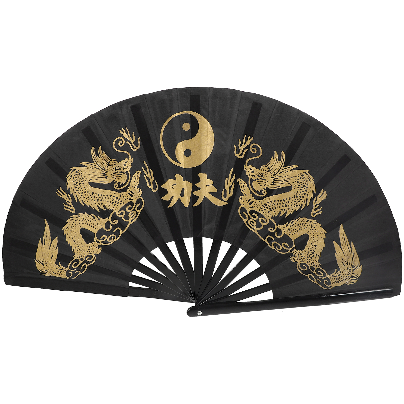 Tai Chi Inch Black Bamboo Bone Handheld Decorative Fans Golden Dragon Design for Martial Home Decoration Foldable