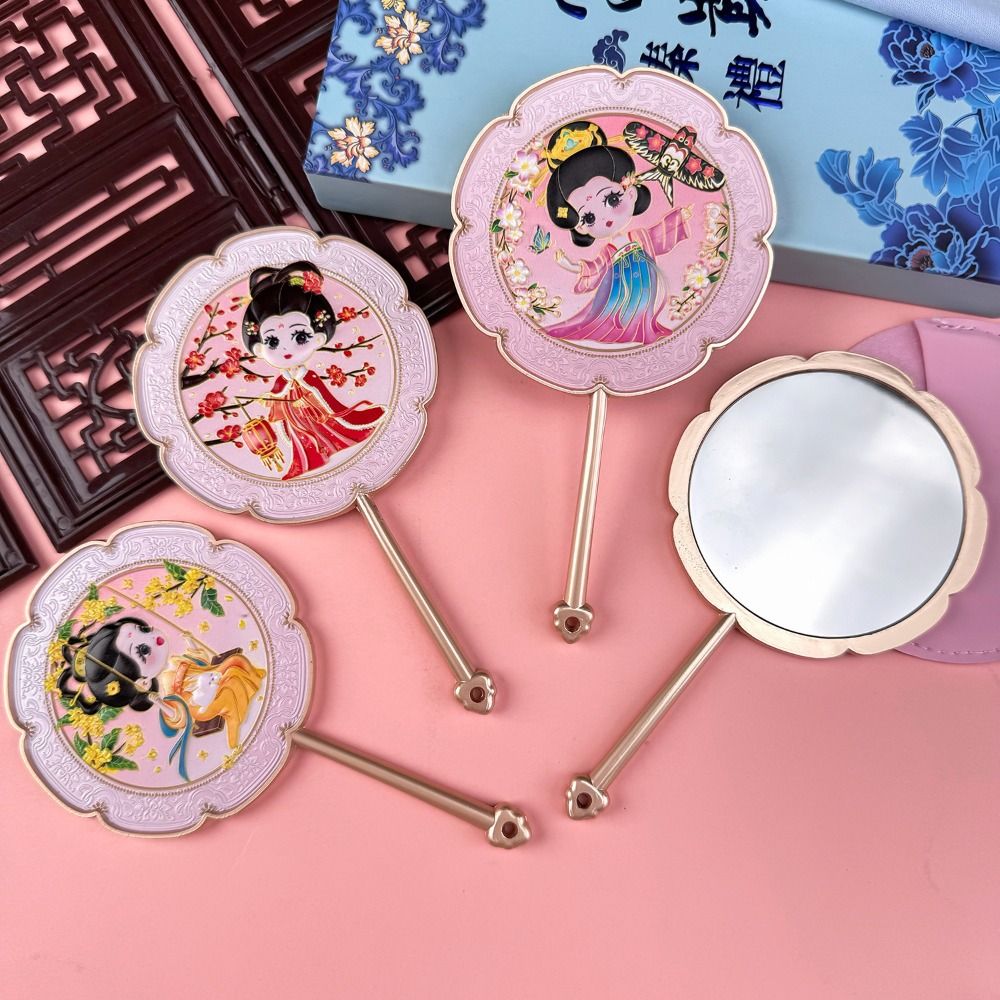 Creative Cartoon Handheld Makeup Mirror Chinese Style Exquisite Metal Cosmetic Mirror Elegant Round Pocket Mirror Travel