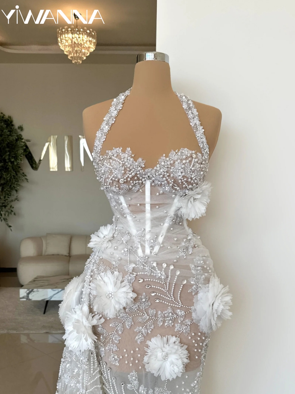 Sexy Illusion Halter Wedding Dress With Side Train Exquisite Beaded 3D Flower Bridal Gown Customized Elegant Dresses For Bride