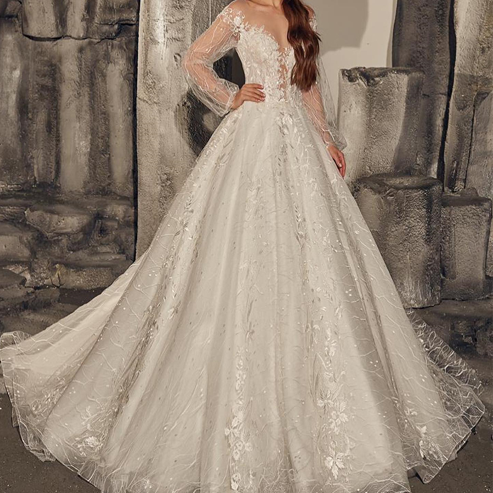 CustomizedDelicate Appliques Lace Sequined Crew neck Wedding Dress Sweep Train A-Line Floor Length High Quality Organza Long Sle