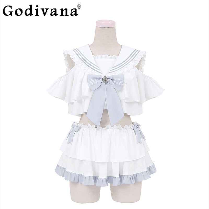 Elegant Cute Japanese Navy Collar Women's Summer Split Fairy Swimsuit 2025 Sweet Bow Ruffles Resort Seaside Pool Party Swimwear