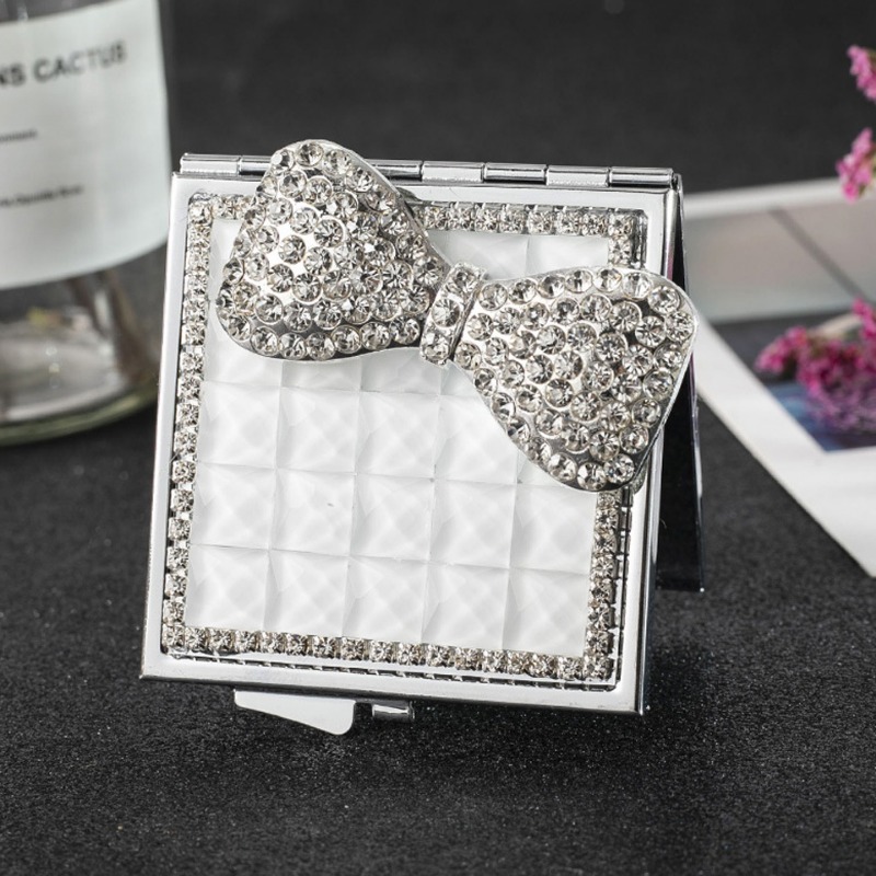 Square Metal Small Mirror with Diamond Bow Double-sided Folding Vanity Mirror Portable Carry on Bag Makeup Mirror Holiday Gift