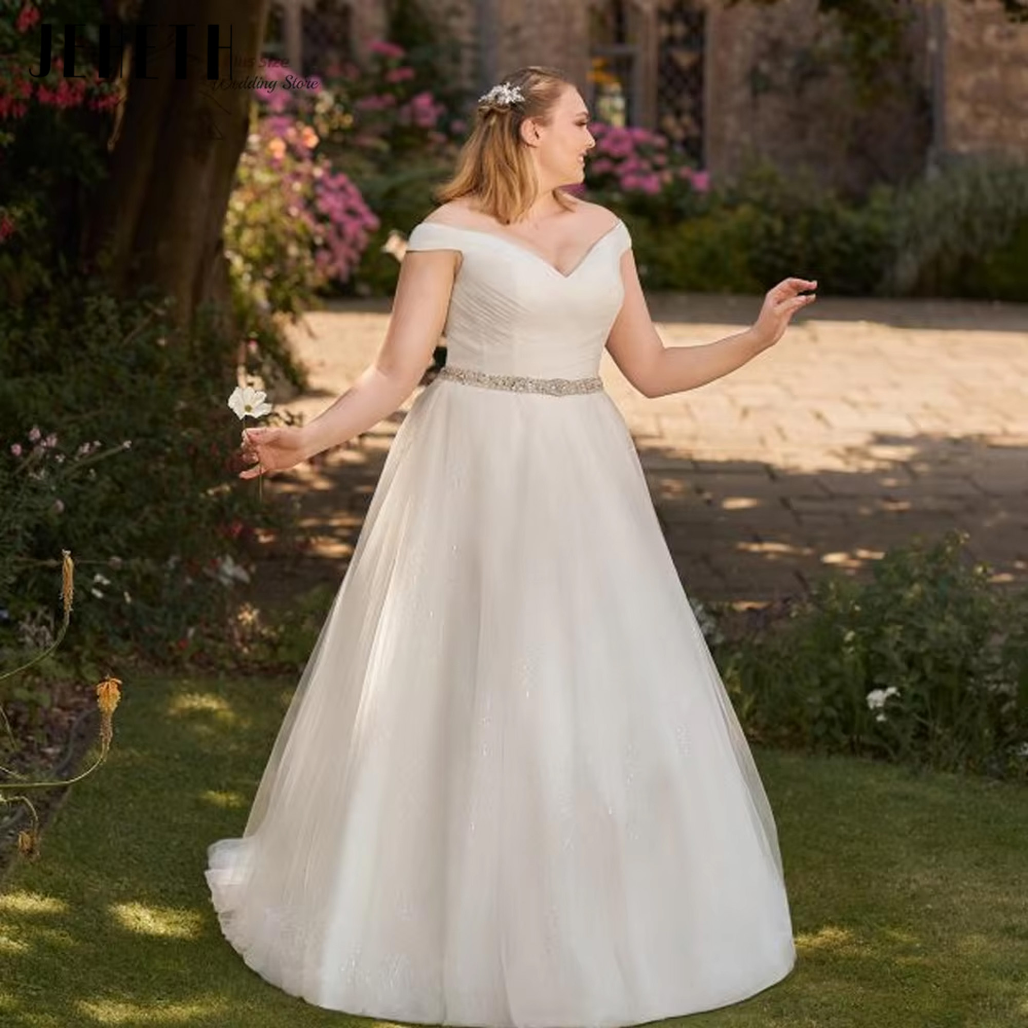 JEHETH Simple Off the Shoulder Wedding Dresses Plus Size  A-Line Bride Gowns Lace-up Back Sweep Train Robe De Mariee Customized
