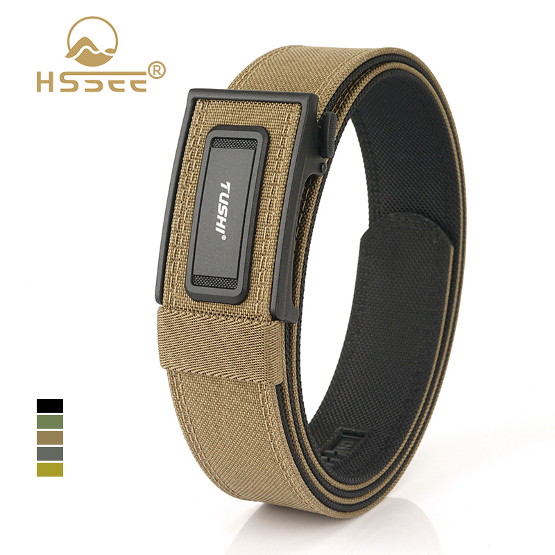 HSSEE Genuine Tactical Gun Belt for Men Matte Black Metal Automatic Buckle Outdoor Casual Belt Tight Nylon Stiff Work Belt Male