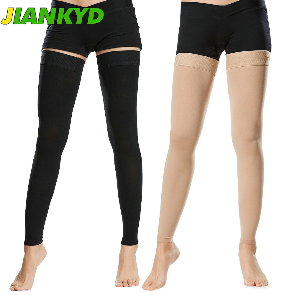 JIANKYD 1Pair Thigh High Footless Compression Sleeves with Silicone Band for Women & Men, Firm 20-30 mmHg Graduated Support