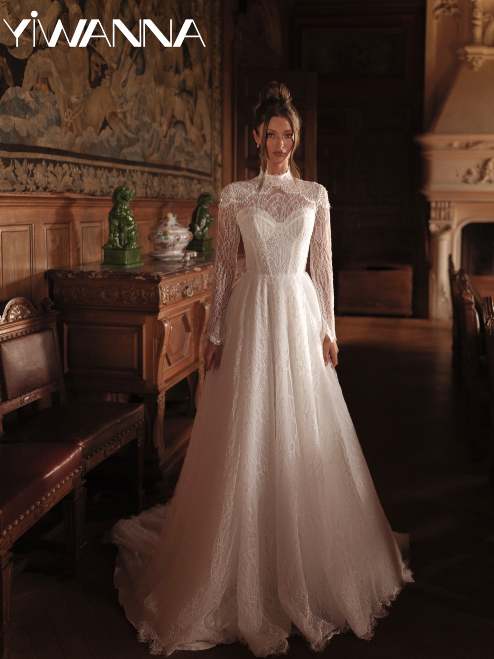 Shiny Pearls A-line Lace Long Wedding Dress Modest High Collar Long Sleeve Bridal Gown Customized Dreamy Dresses For Bride