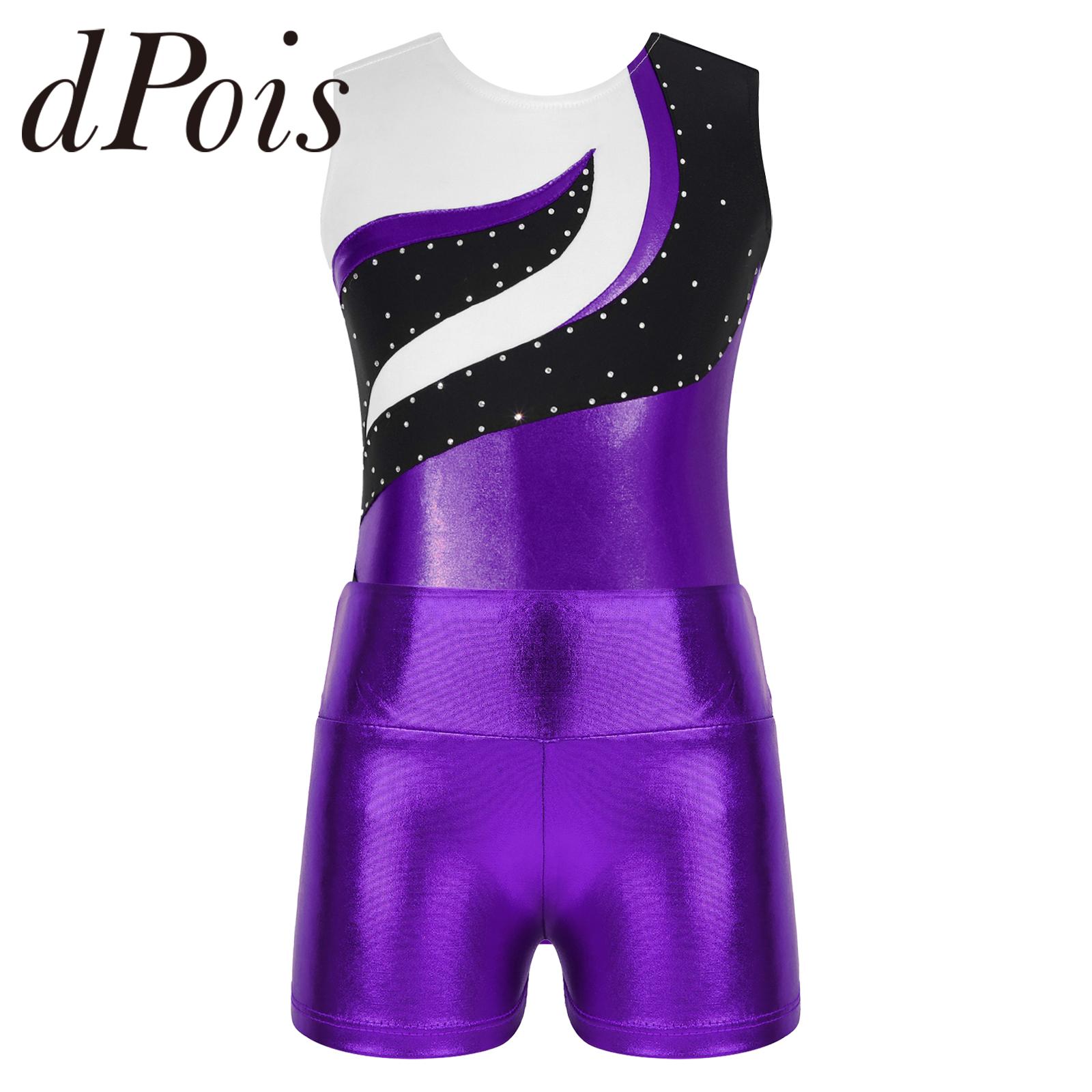 Children's Gymnastics Jumpsuit Kids Girls Shiny Metallic Sleeveless Patchwork Ballet Leotard Dancewear for Dancing Competition