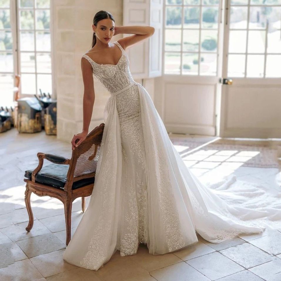 Exquisite Wedding Dress For Woman 2025 Square-Neck A-Line Lace Appliques Sequins Bride Gowns Tulle Sweep Train Vestido Custom