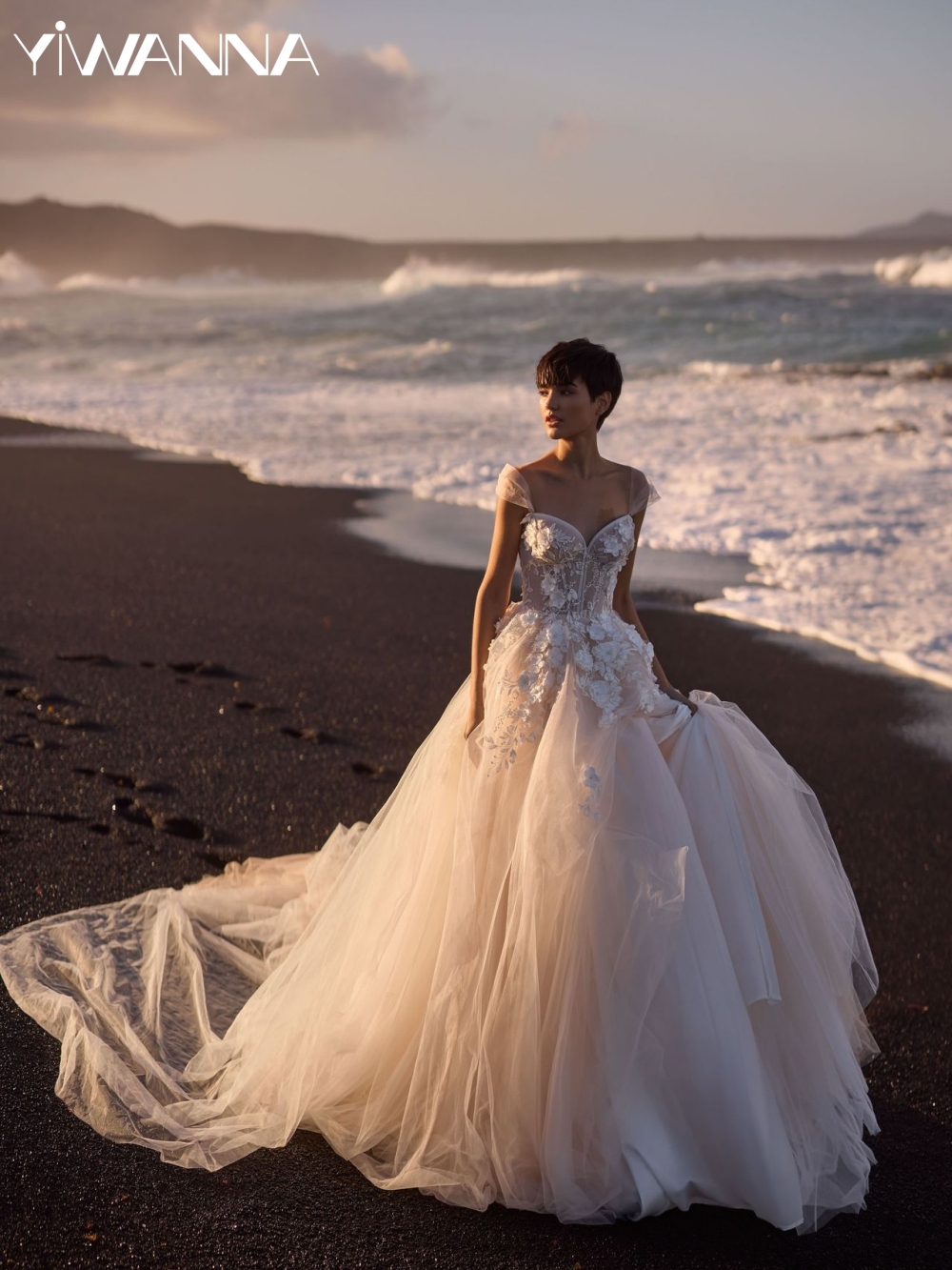 Stunning Pearls 3D Flower Wedding Dress Elegant A-line Tulle Long Bridal Gown Customized Off Shoulder Dresses For Bride